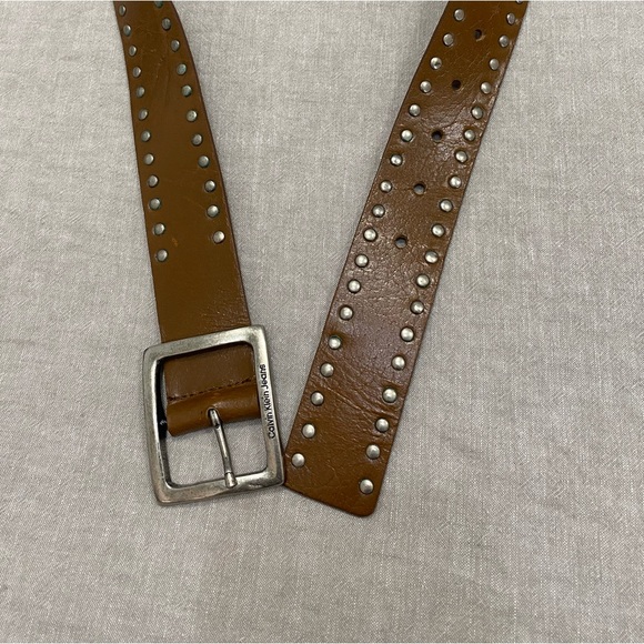 Calvin Klein Studded Genuine Leather Belt Square Buckle Bohemian Size S Brown - Picture 5 of 8